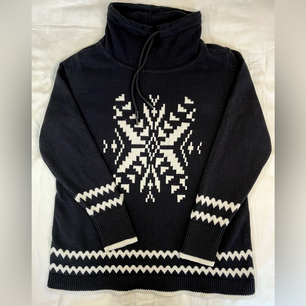 Talbots Black White Cotton Funnel Neck Tunic Sweater w Snowflake Women’s Large